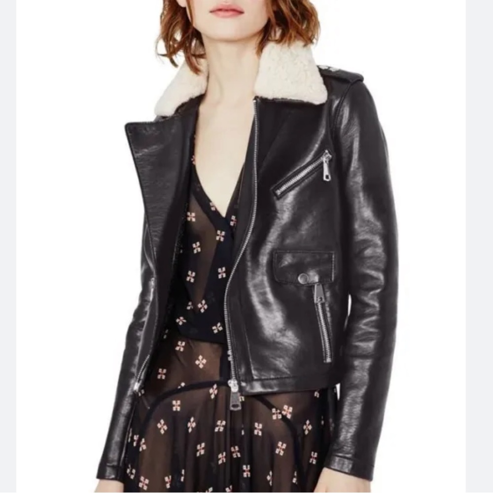 NWOT Maje Paris Bluff Aviator Bordeaux Leather Moto Shearling Collar Jacket 40